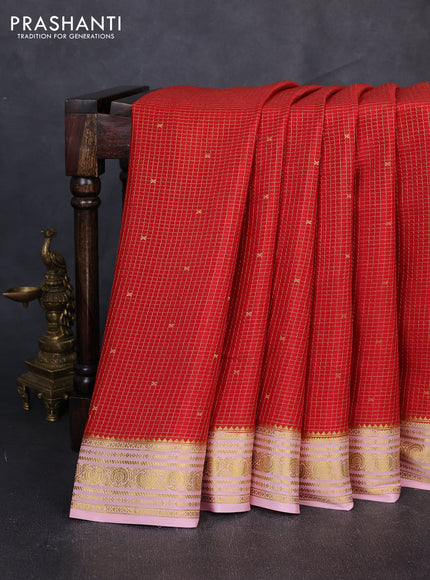 Pure mysore silk saree red and pastel pink with allover zari ckecks & buttas and zari woven border