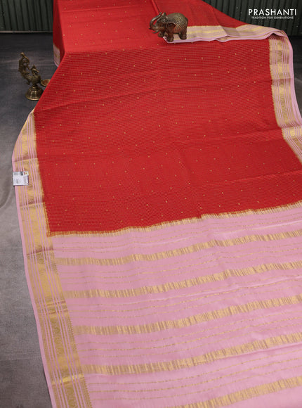 Pure mysore silk saree red and pastel pink with allover zari ckecks & buttas and zari woven border
