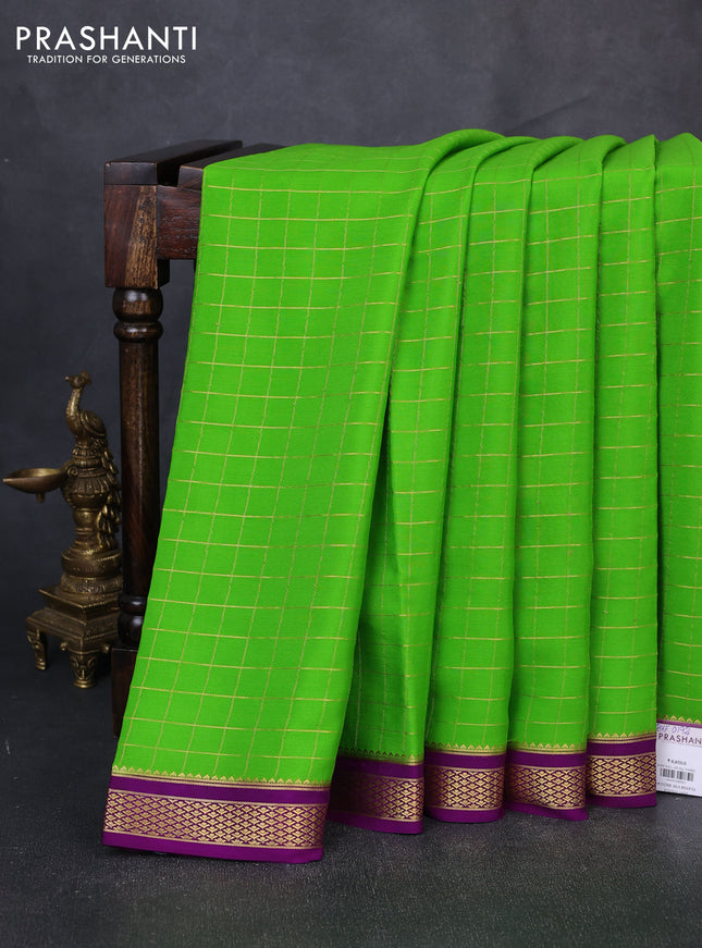 Pure mysore silk saree green and purple with allover zari checked pattern and zari woven border