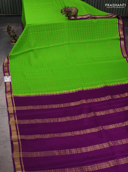 Pure mysore silk saree green and purple with allover zari checked pattern and zari woven border
