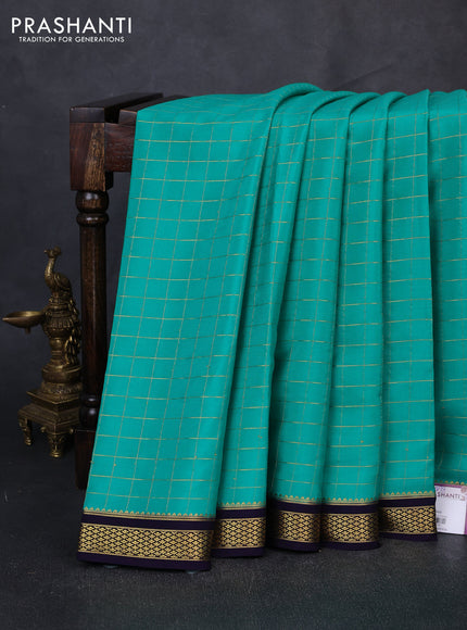 Pure mysore silk saree teal green and navy blue with allover zari checked pattern and zari woven border
