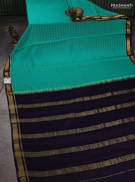 Pure mysore silk saree teal green and navy blue with allover zari checked pattern and zari woven border
