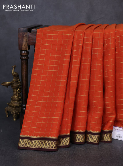 Pure mysore silk saree rust shade and coffee brown with allover zari checked pattern and zari woven border