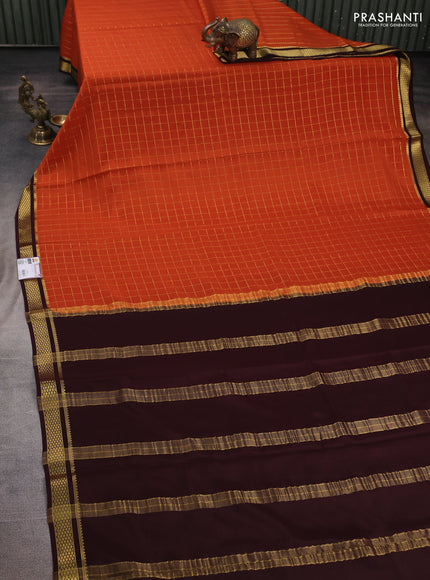 Pure mysore silk saree rust shade and coffee brown with allover zari checked pattern and zari woven border