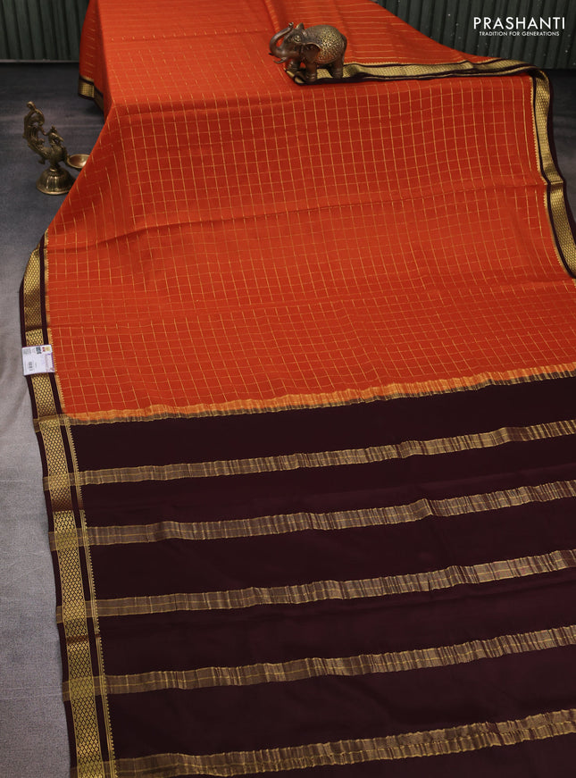 Pure mysore silk saree rust shade and coffee brown with allover zari checked pattern and zari woven border