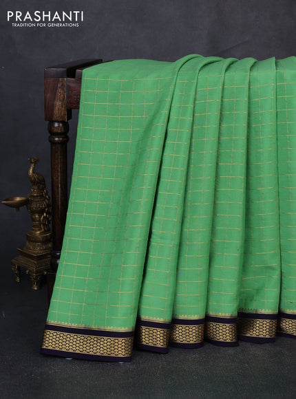 Pure mysore silk saree pastel green and navy blue with allover zari checked pattern and zari woven border