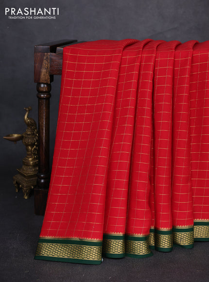 Pure mysore silk saree maroon and bottle green with allover zari checked pattern and zari woven border