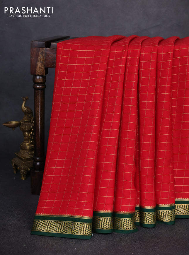 Pure mysore silk saree maroon and bottle green with allover zari checked pattern and zari woven border