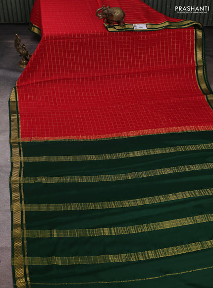Pure mysore silk saree maroon and bottle green with allover zari checked pattern and zari woven border