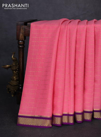 Pure mysore silk saree peach pink and violet with allover zari checked pattern and zari woven border