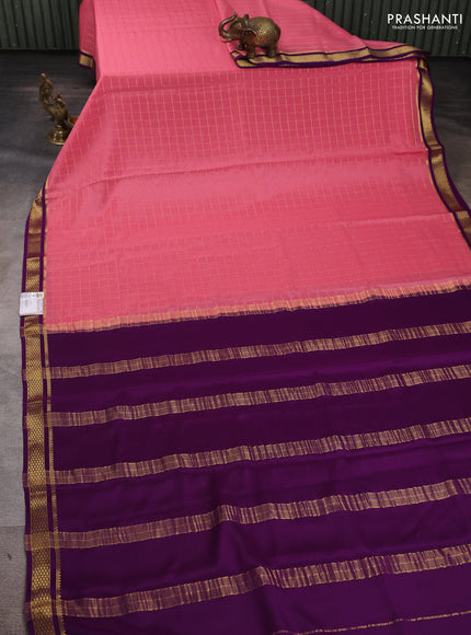 Pure mysore silk saree peach pink and violet with allover zari checked pattern and zari woven border