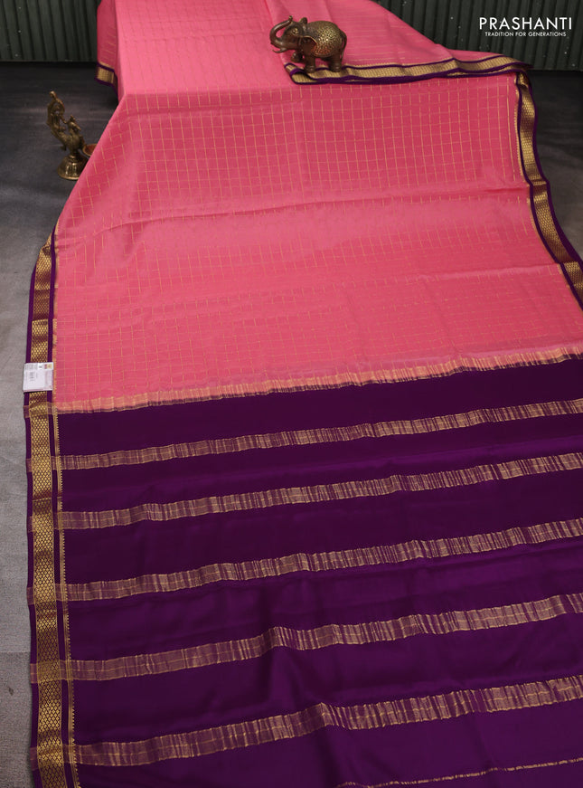 Pure mysore silk saree peach pink and violet with allover zari checked pattern and zari woven border