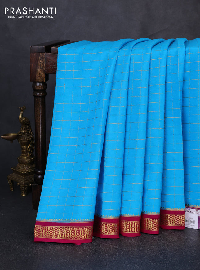 Pure mysore silk saree cs blue and pink with allover zari checked pattern and zari woven border