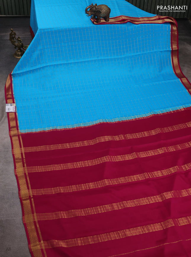 Pure mysore silk saree cs blue and pink with allover zari checked pattern and zari woven border
