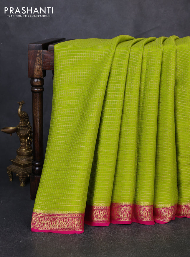 Pure mysore silk saree light green and pink with allover small zari checked pattern and zari woven border