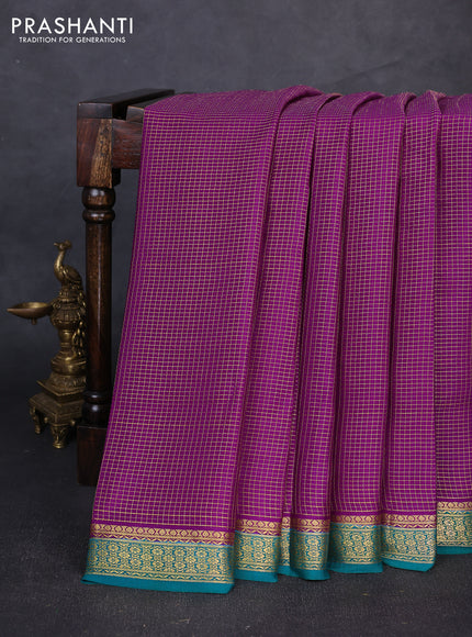 Pure mysore silk saree purple and teal green with allover small zari checked pattern and zari woven border