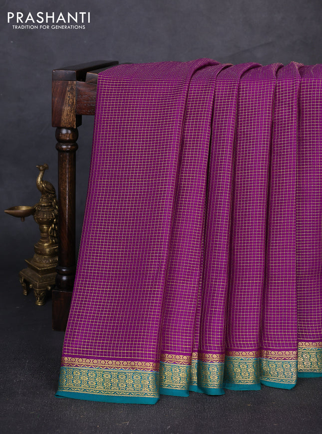 Pure mysore silk saree purple and teal green with allover small zari checked pattern and zari woven border