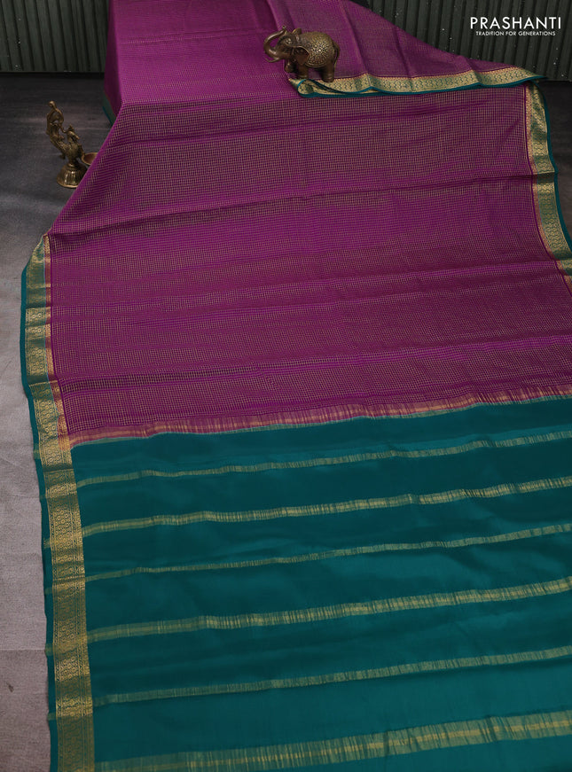 Pure mysore silk saree purple and teal green with allover small zari checked pattern and zari woven border