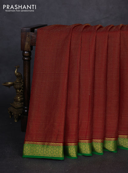 Pure mysore silk saree maroon and green with allover small zari checked pattern and zari woven border