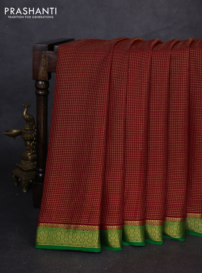 Pure mysore silk saree maroon and green with allover small zari checked pattern and zari woven border