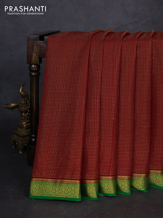 Pure mysore silk saree maroon and green with allover small zari checked pattern and zari woven border