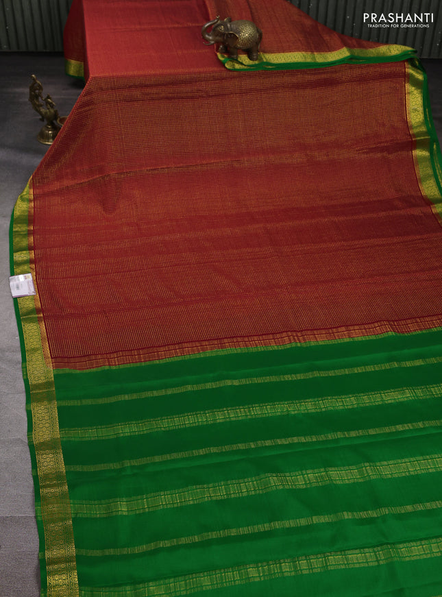 Pure mysore silk saree maroon and green with allover small zari checked pattern and zari woven border