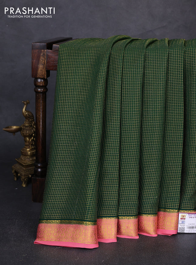 Pure mysore silk saree bottle green and peach pink with allover zari checks & buttas and zari woven border