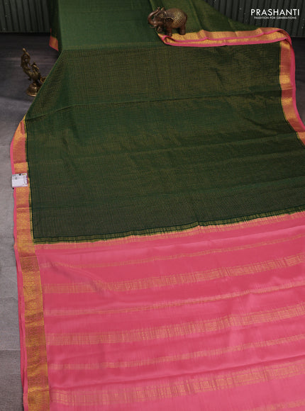 Pure mysore silk saree bottle green and peach pink with allover zari checks & buttas and zari woven border