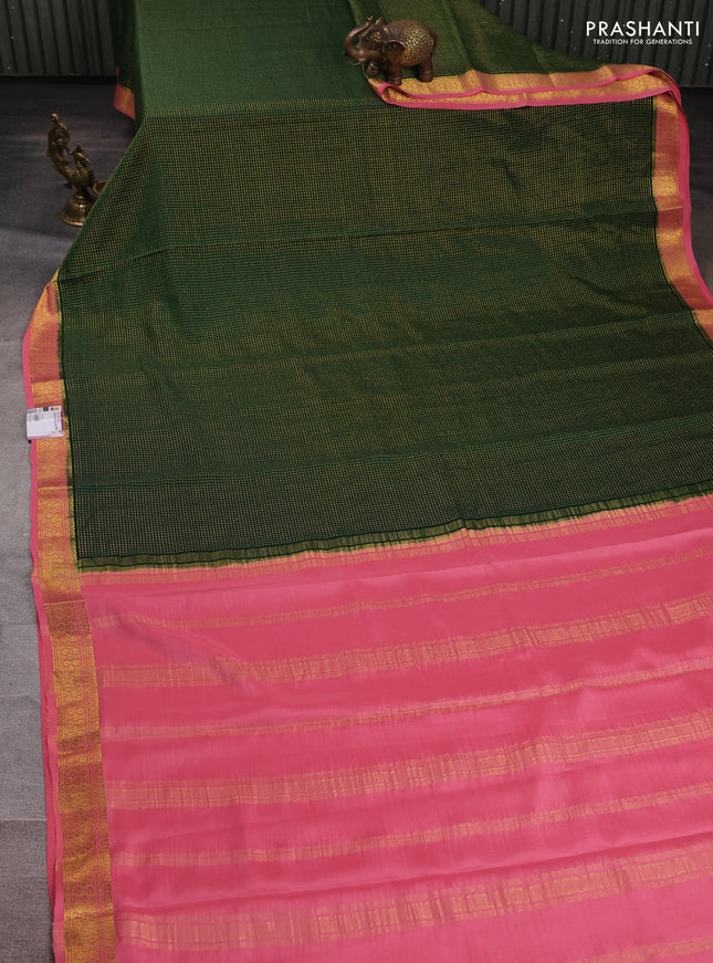 Pure mysore silk saree bottle green and peach pink with allover zari checks & buttas and zari woven border