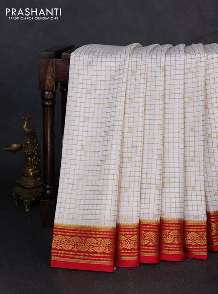 Pure mysore silk saree off white and red with allover zari checks & buttas and zari woven border
