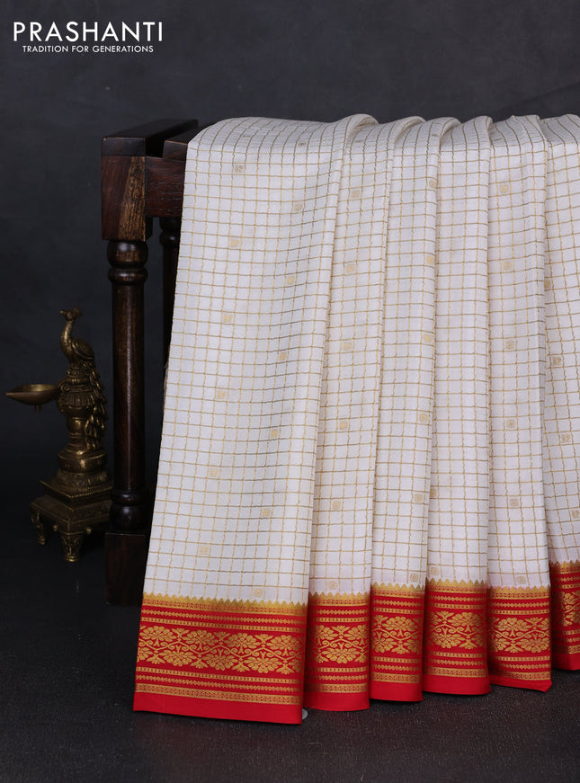 Pure mysore silk saree off white and red with allover zari checks & buttas and zari woven border