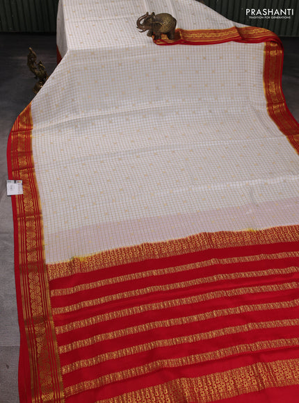 Pure mysore silk saree off white and red with allover zari checks & buttas and zari woven border