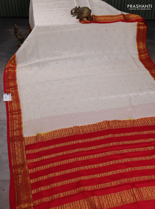 Pure mysore silk saree off white and red with allover zari checks & buttas and zari woven border