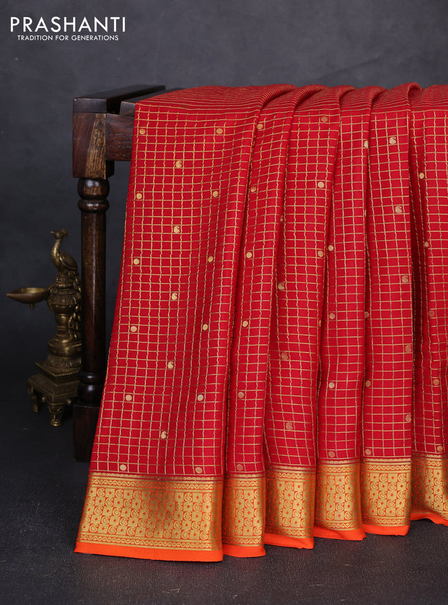 Pure mysore silk saree red and orange with allover zari checks & buttas and zari woven border
