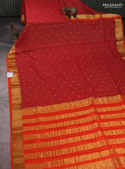Pure mysore silk saree red and orange with allover zari checks & buttas and zari woven border