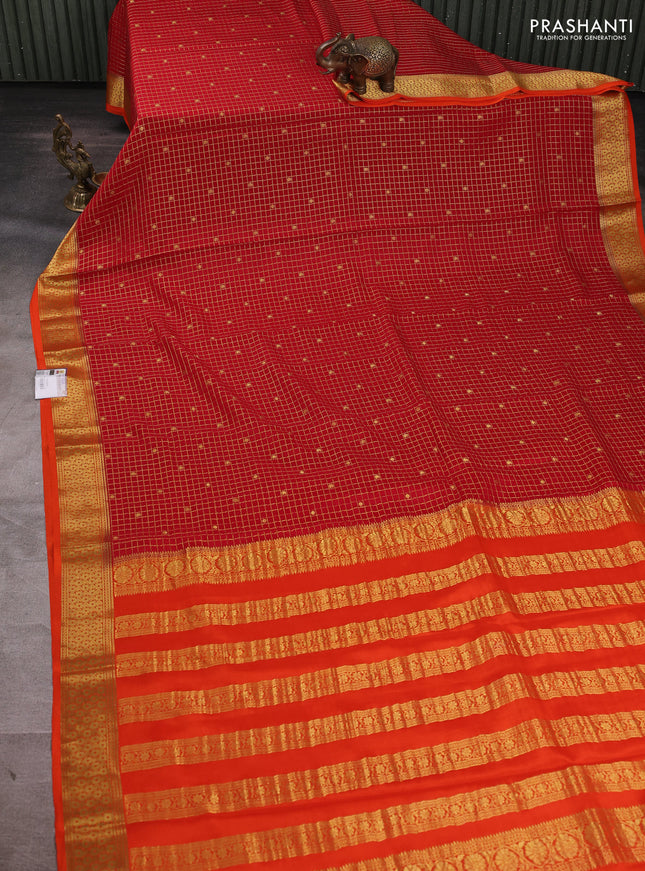 Pure mysore silk saree red and orange with allover zari checks & buttas and zari woven border