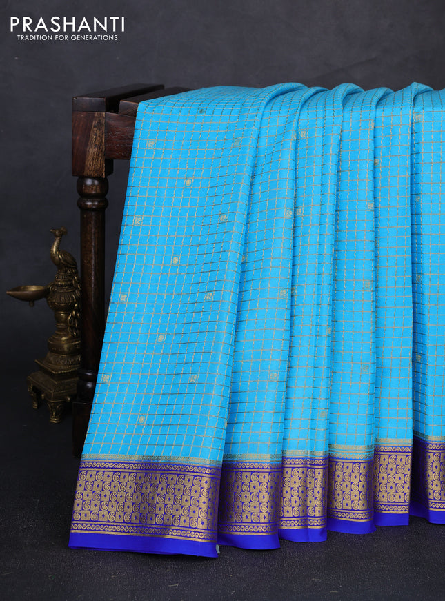 Pure mysore silk saree cs blue and royal blue with allover zari checks & buttas and zari woven border