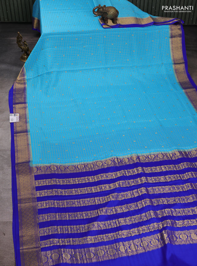 Pure mysore silk saree cs blue and royal blue with allover zari checks & buttas and zari woven border