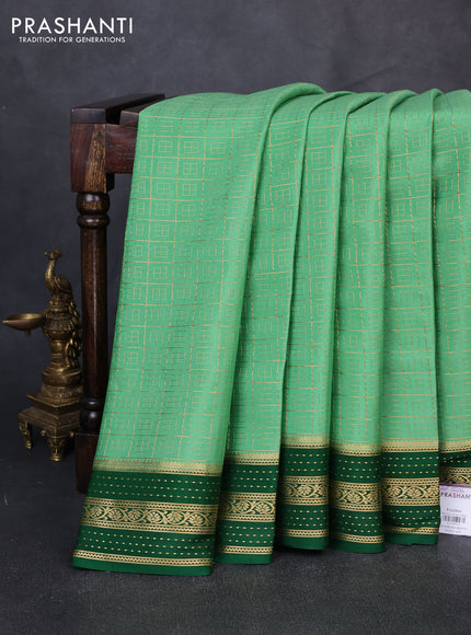Pure mysore silk saree pastel green and green with allover small zari checked pattern and zari woven border