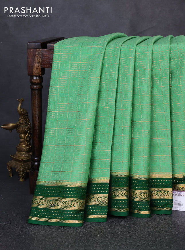 Pure mysore silk saree pastel green and green with allover small zari checked pattern and zari woven border