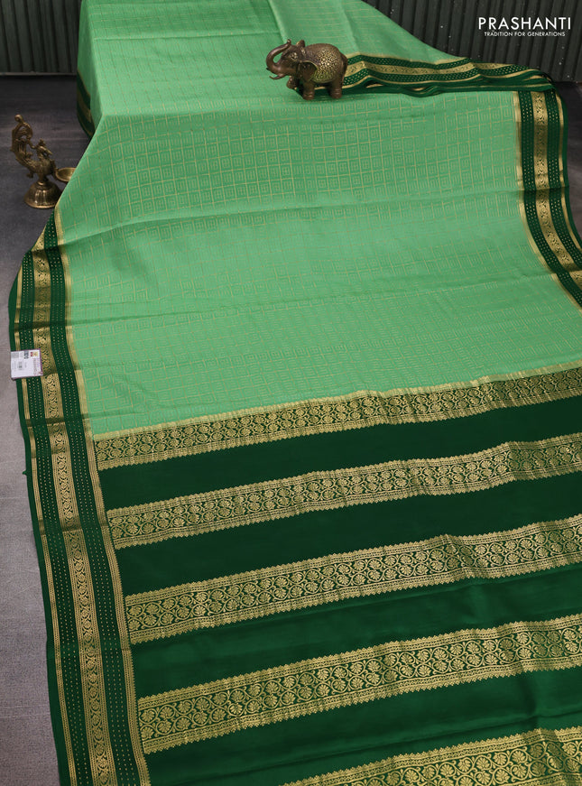 Pure mysore silk saree pastel green and green with allover small zari checked pattern and zari woven border