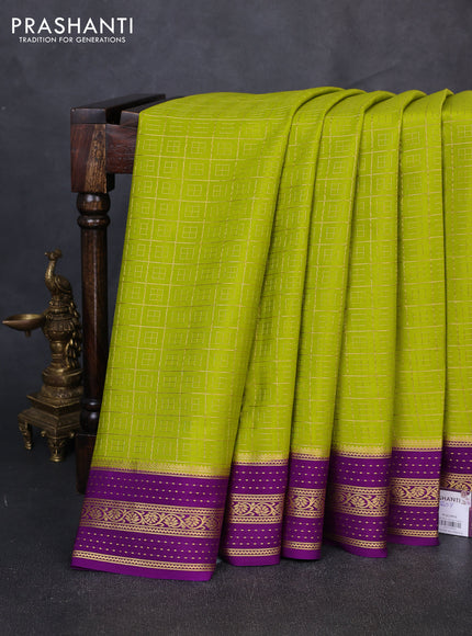 Pure mysore silk saree lime green and purple with allover small zari checked pattern and zari woven border