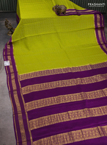 Pure mysore silk saree lime green and purple with allover small zari checked pattern and zari woven border
