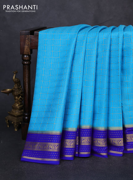 Pure mysore silk saree cs blue and royal blue with allover small zari checked pattern and zari woven border