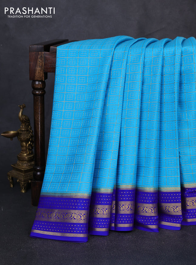 Pure mysore silk saree cs blue and royal blue with allover small zari checked pattern and zari woven border