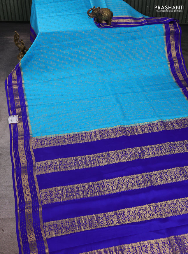 Pure mysore silk saree cs blue and royal blue with allover small zari checked pattern and zari woven border