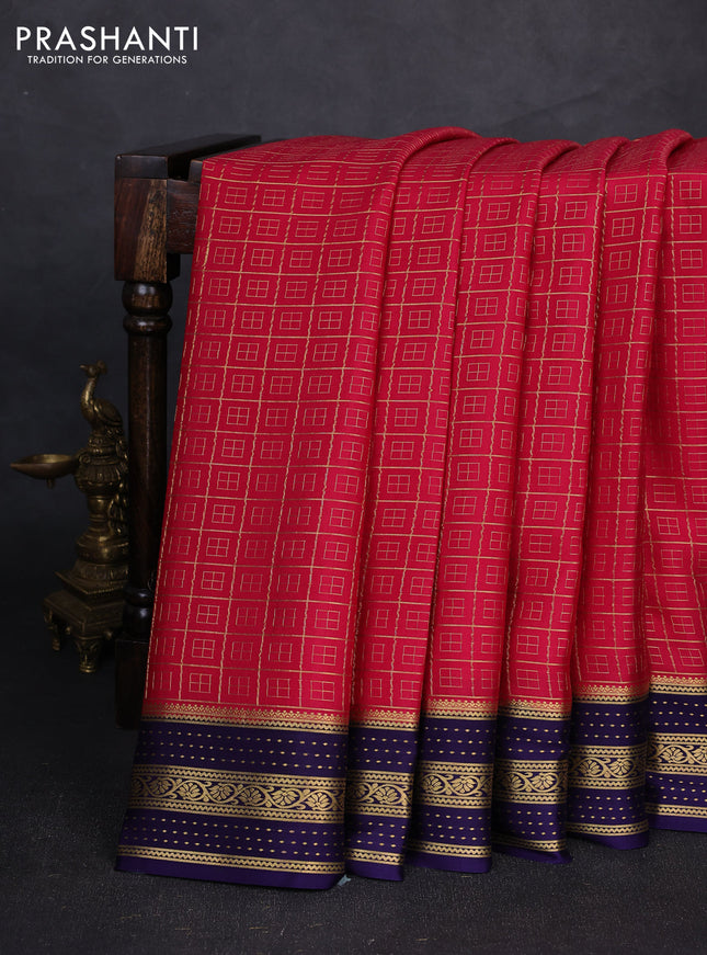 Pure mysore silk saree tomato pink and navy blue with allover zari checked pattern and zari woven border