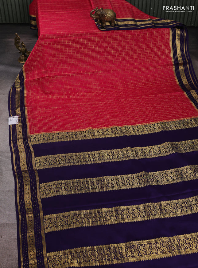Pure mysore silk saree tomato pink and navy blue with allover zari checked pattern and zari woven border