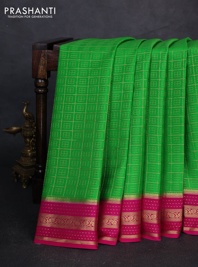 Pure mysore silk saree light green and pink with allover zari checked pattern and zari woven border