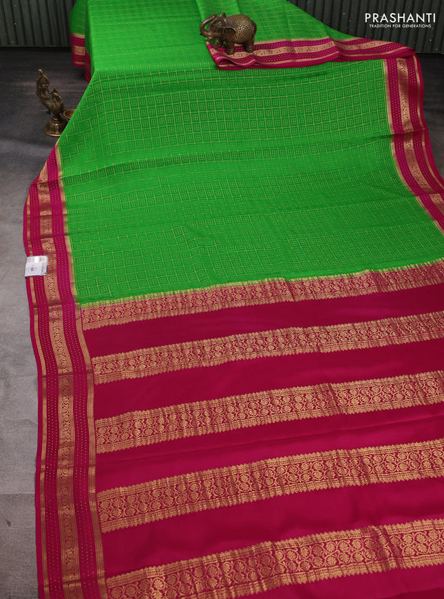Pure mysore silk saree light green and pink with allover zari checked pattern and zari woven border